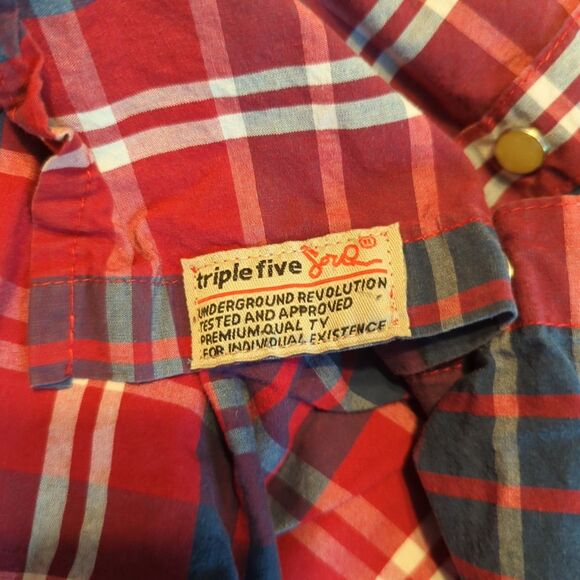 Triple Five Soul Shirt Mens Medium Red Plaid Button Up Pearl Snap - Picture 6 of 8